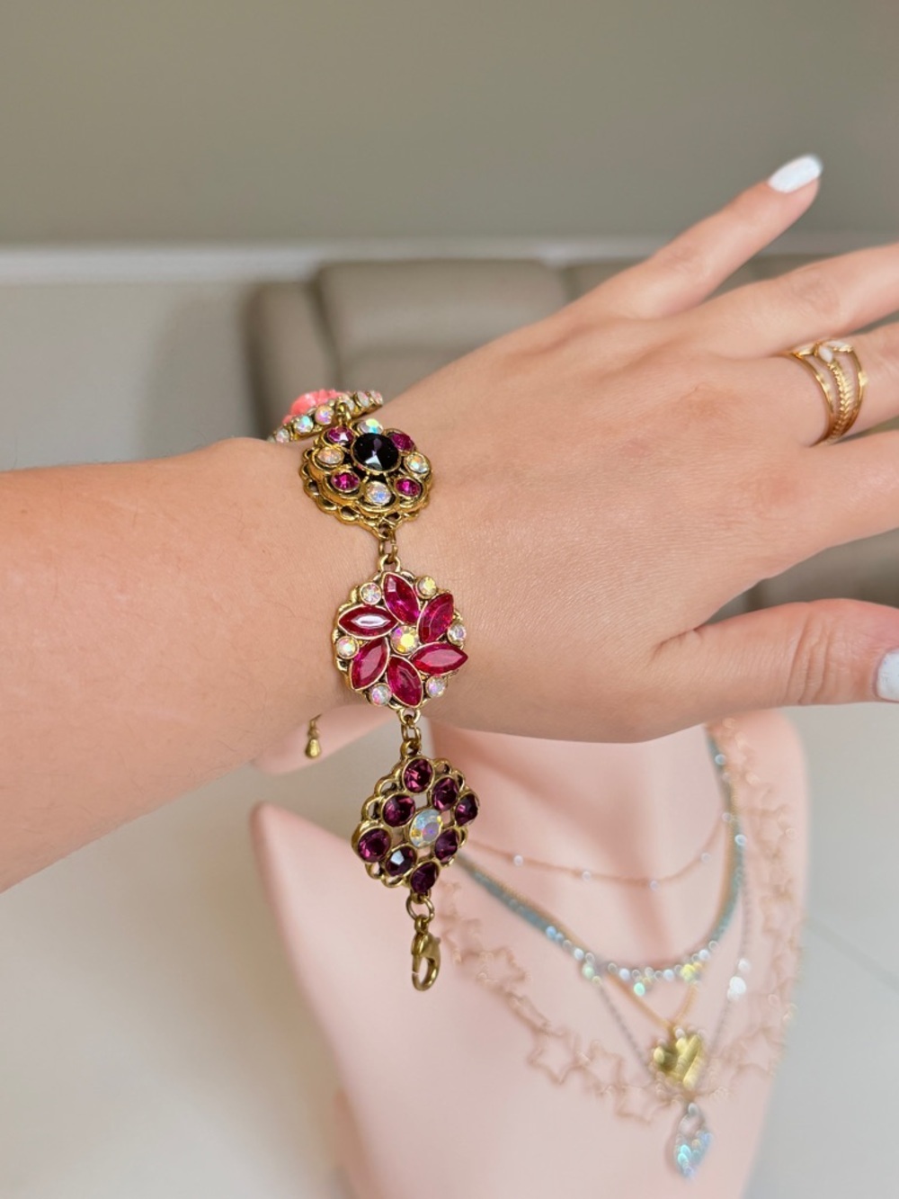 Gold-Tone Pink Gemstone Floral Bracelet